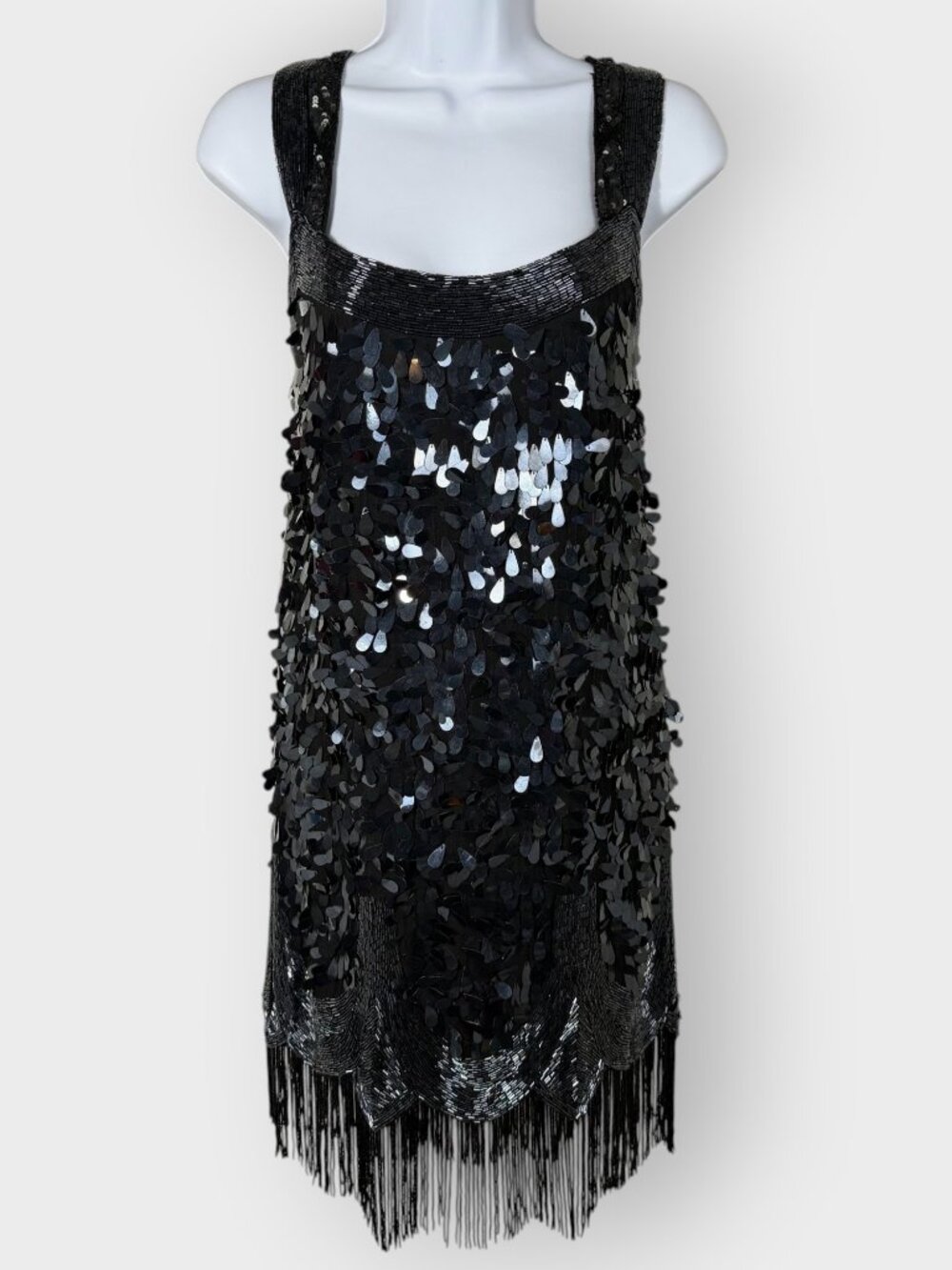 What Comes Around Goes Around Silk Black Beaded Fringe Dress S Sequin Flapper